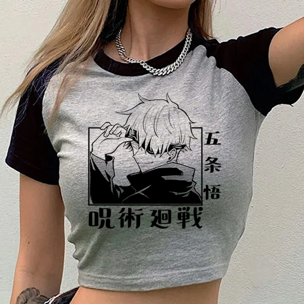 Фото Женский укороченный топ Jujutsu Kaisen в стиле мем, японский гранж, корейская мода, футболка с принтом, кавайный уличный стиль, альтернативный эмо-стиль №1