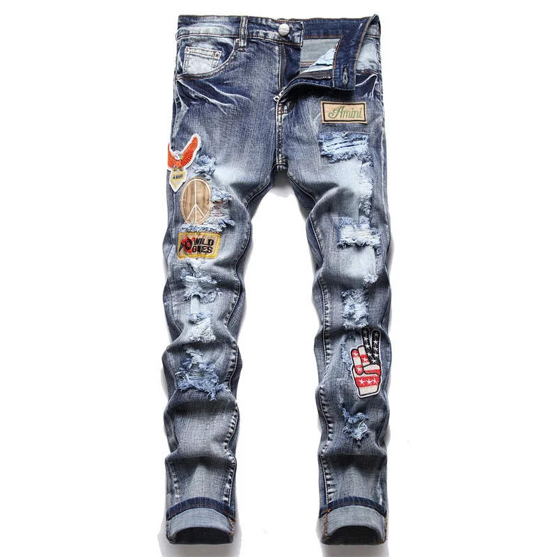

Summer Jeans Men's Bear Embroidered Patchwork Hip Hop Light Blue Jeans Streetwear Ripped Stretch Denim Skinny Jeans