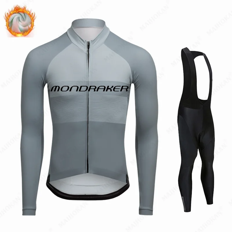 

MONDRAKER Cycling Jerseys Set 5D Gel Padded Bib Pants Mens Thermal Fleece Long Sleeve Bicycle Clothing Winter Cycling Suits Set