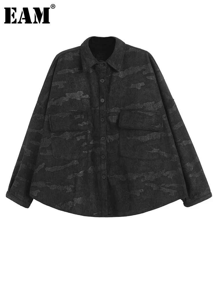 

[EAM] Loose Fit Black Corduroy Vintage Big Size Jacket New Lapel Long Sleeve Women Coat Fashion Tide Spring Autumn 2023 1DF4055