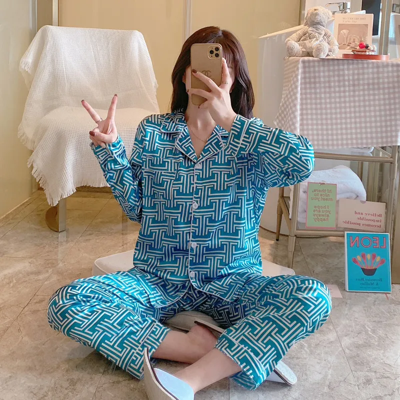 

Spring Summer Women's Faux Silk Pajamas Two Piece BLUE Sleep Lounge Cardigan Lapel Loungewear Ladies Sexy Luxury Kawaii Pajamas
