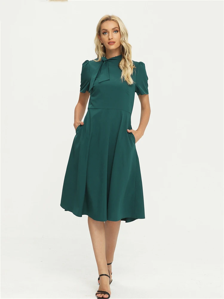 

Женское платье с коротким рукавом, повседневное приталенное платье средней длины с круглым вырезом, в винтажном стиле ретро, лето 2022