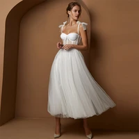 lovely wedding dress for women tulle sleeveless a line bow ribbon bridal dresses sweetheart mid calf bride gown vestito da sposa