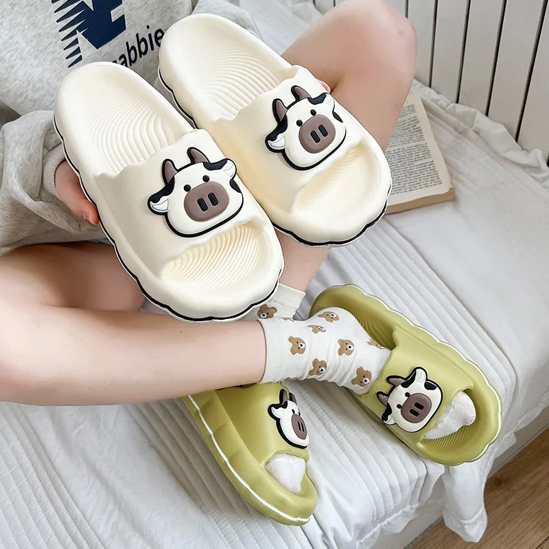 

Summer Cute Cow Slippers for Women 2023 New Cartoon Shape Women Slipper Outdoor Soft Non Slip Bathroom Slippers Zapatos De Mujer