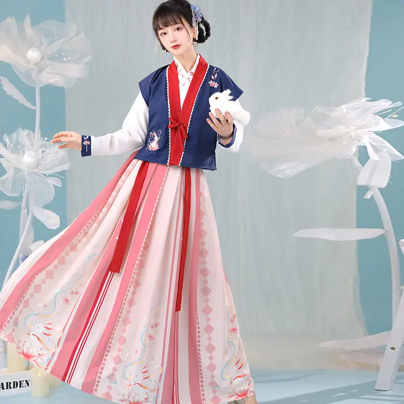 

Hanfu Female Tang Beizi Half Sleeve Cross Neck Short Shirt Pleated Skirt Improved Spring and Summer