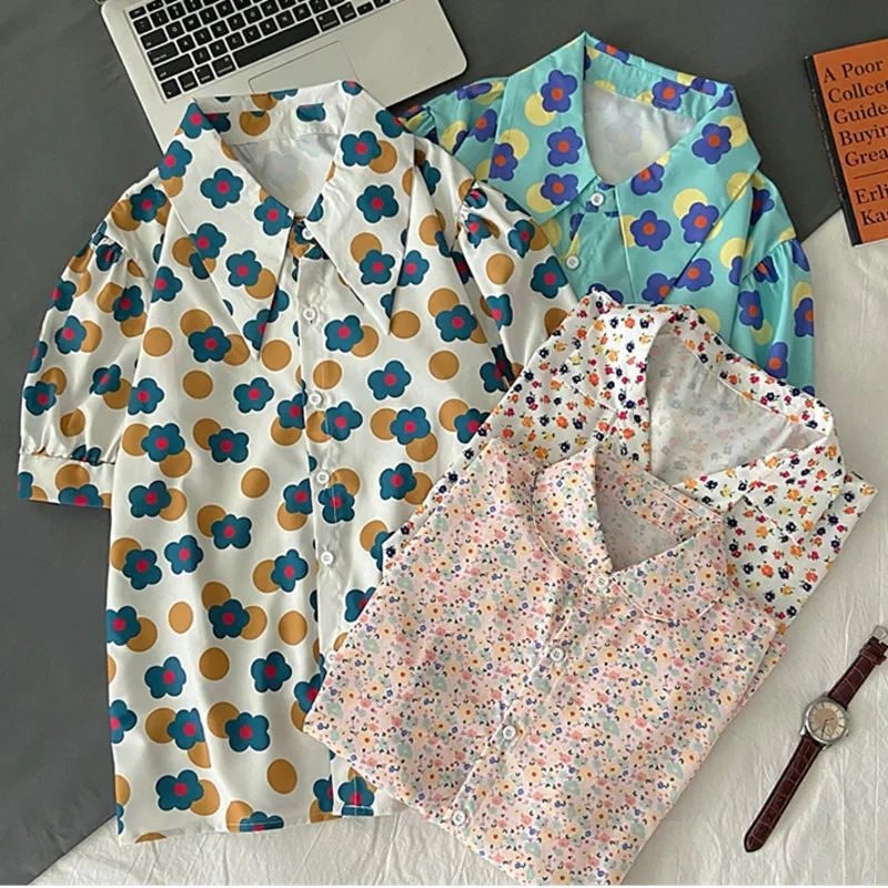 

Summer Vintage Turn Down Collar Floral Print Blouse Women Casual Short Sleeve Female Shirt Fashion Streetwear Vacation Blusas