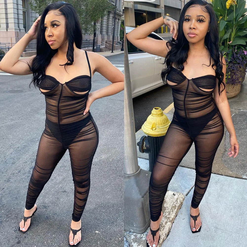 Casaul Women Jumpsuit Sheer Mesh See Through Party Night Pleated Skinny Sporty Long Romper Women Jumpsuit Overalls