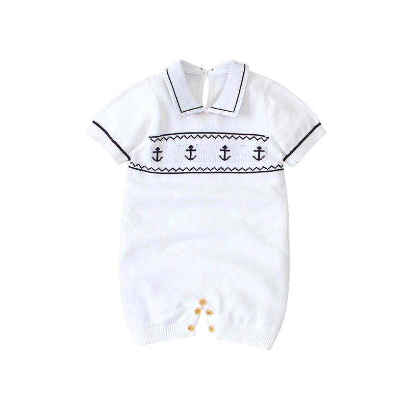 

Baby Rompers Summer Turtle Neck Short Sleeve Knitted Newborn Infant Boy Gentlemen Style Jumpsuits One Piece Cotton Clothes 0-18m