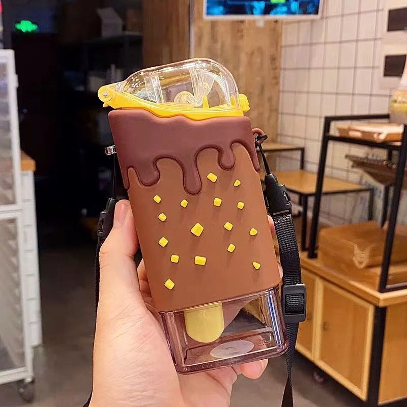 

Cute Children Unique Square Popsicle Shape Plastic Water Bottles with Shoulder Strap​ Lovely Kids Home Cups 300ml
