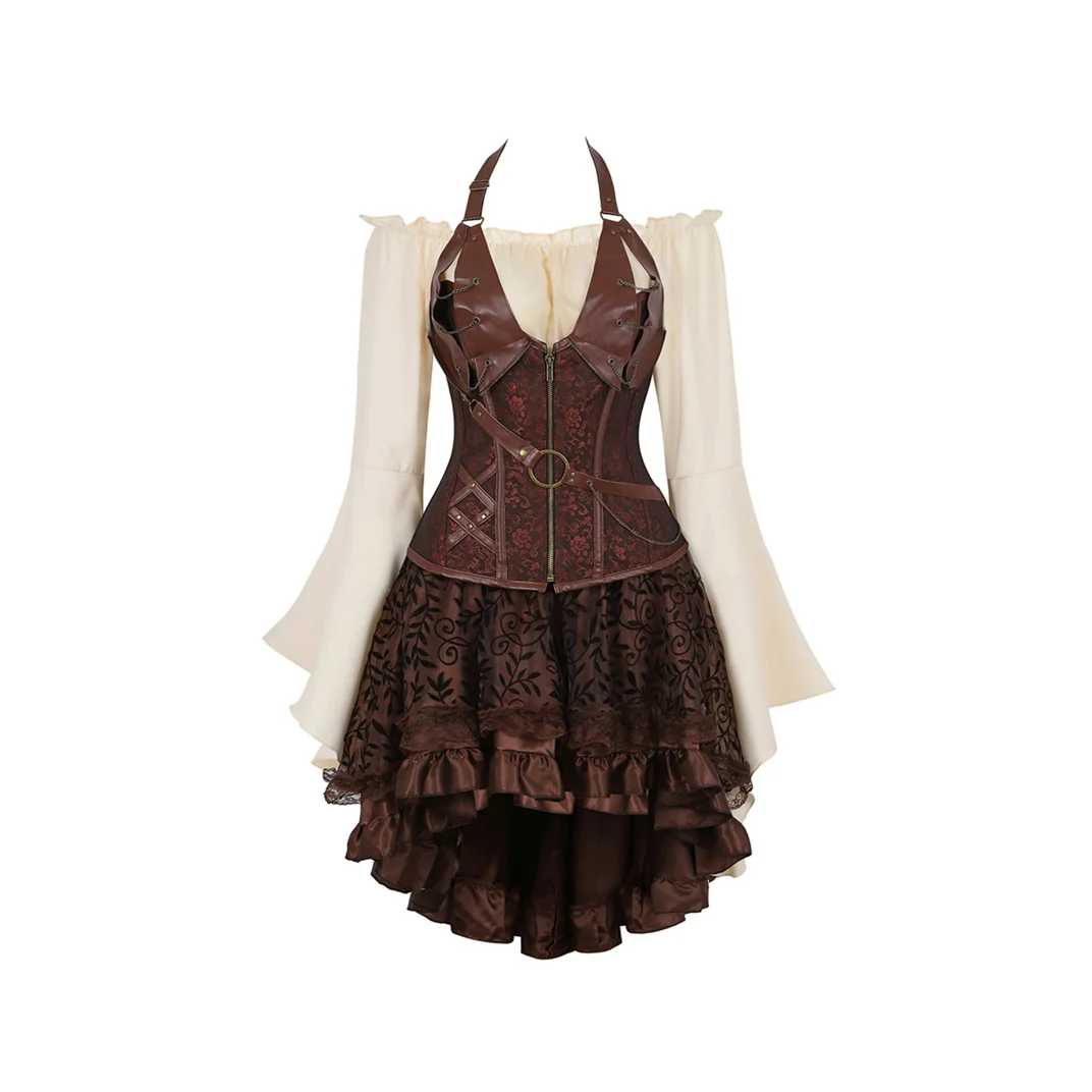Купи Steampunk Locking Long Sleeve Gothic Corset Mujer Dress Straps Vintage Pirate Underwear Skirt Sets Zipper Medieval Sexy Costumes за 629 рублей в магазине AliExpress