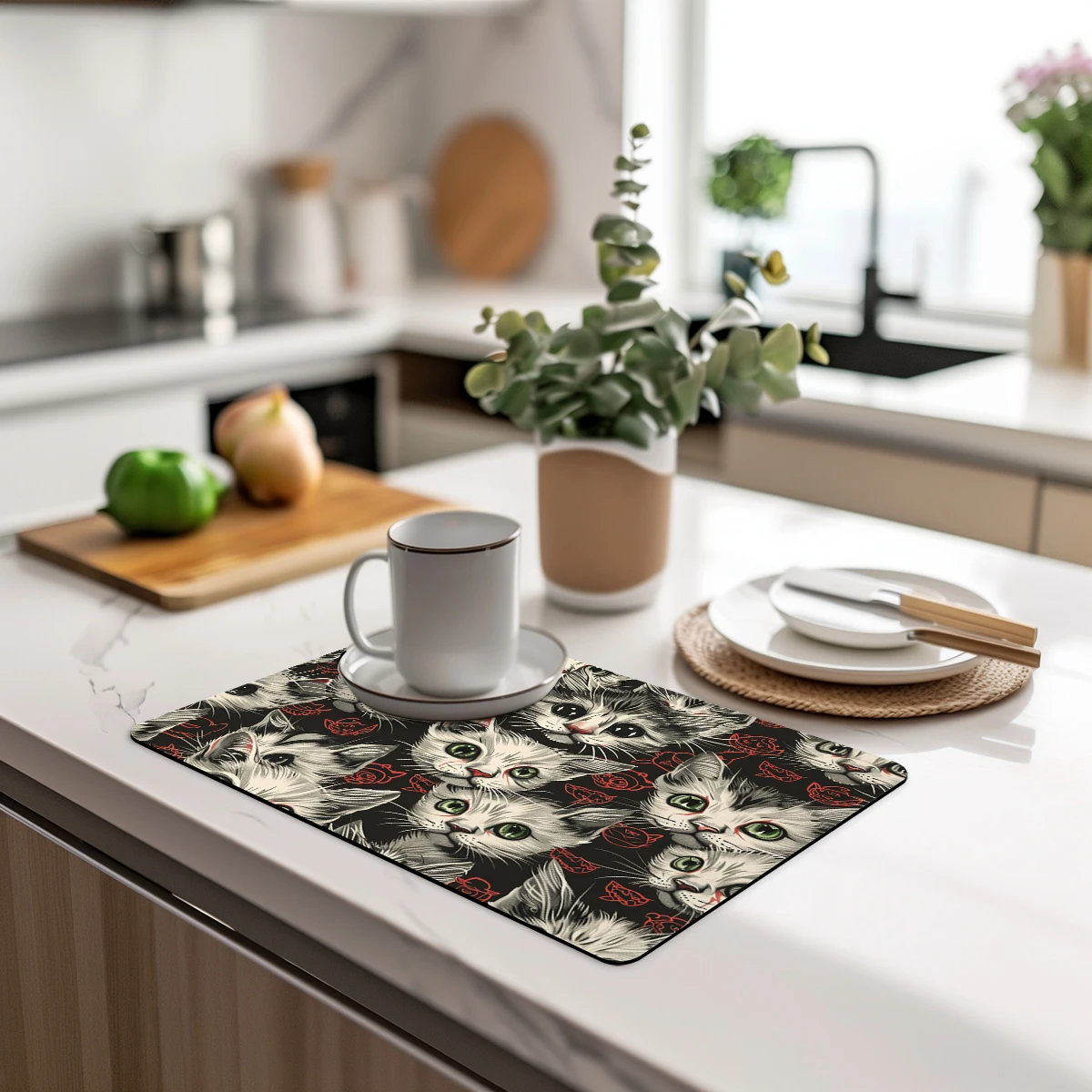 Coffee Mat Watercolor Cat Line Absorbent Draining Dish Drying Dry Bathroom Tableware Hide Stain Rubber Backed |