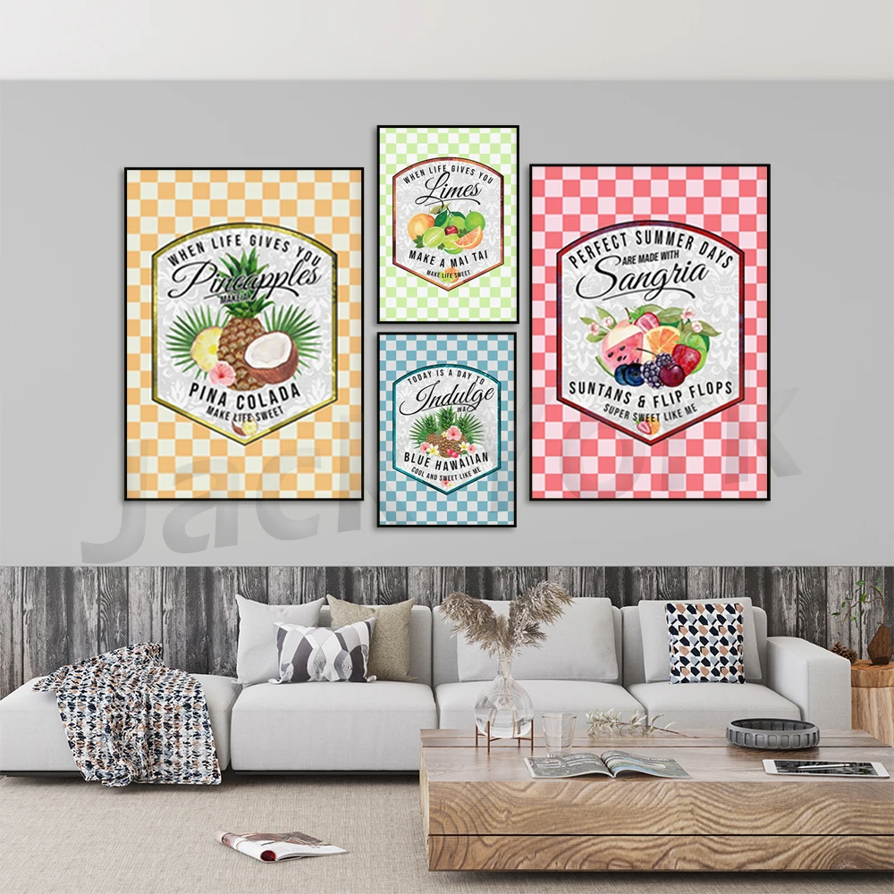 

Sangria Cocktail Print - Retro, 1970s Summer, Bright Pastels, On Trend Fashion Print, Bar Art, Kitchen Poster, Checkerboard