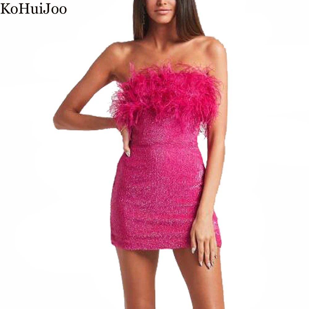 KoHuiJoo  Sexy Backless Dress Ostrich Hair Tassel Feather Chest Wrapping Sequins Pencil Dress Club evening party Dresses Women