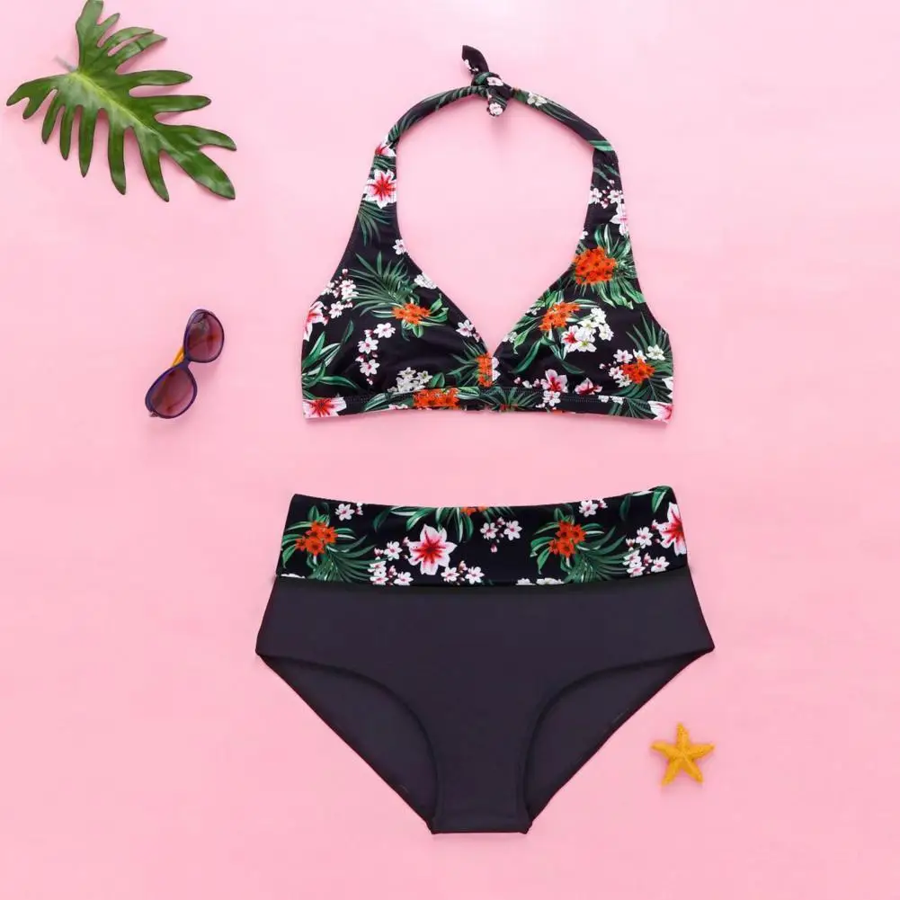 

1 Set Bathing Suit Padded Breathable Halter Flower Print Design Bikini Set for Water Sports