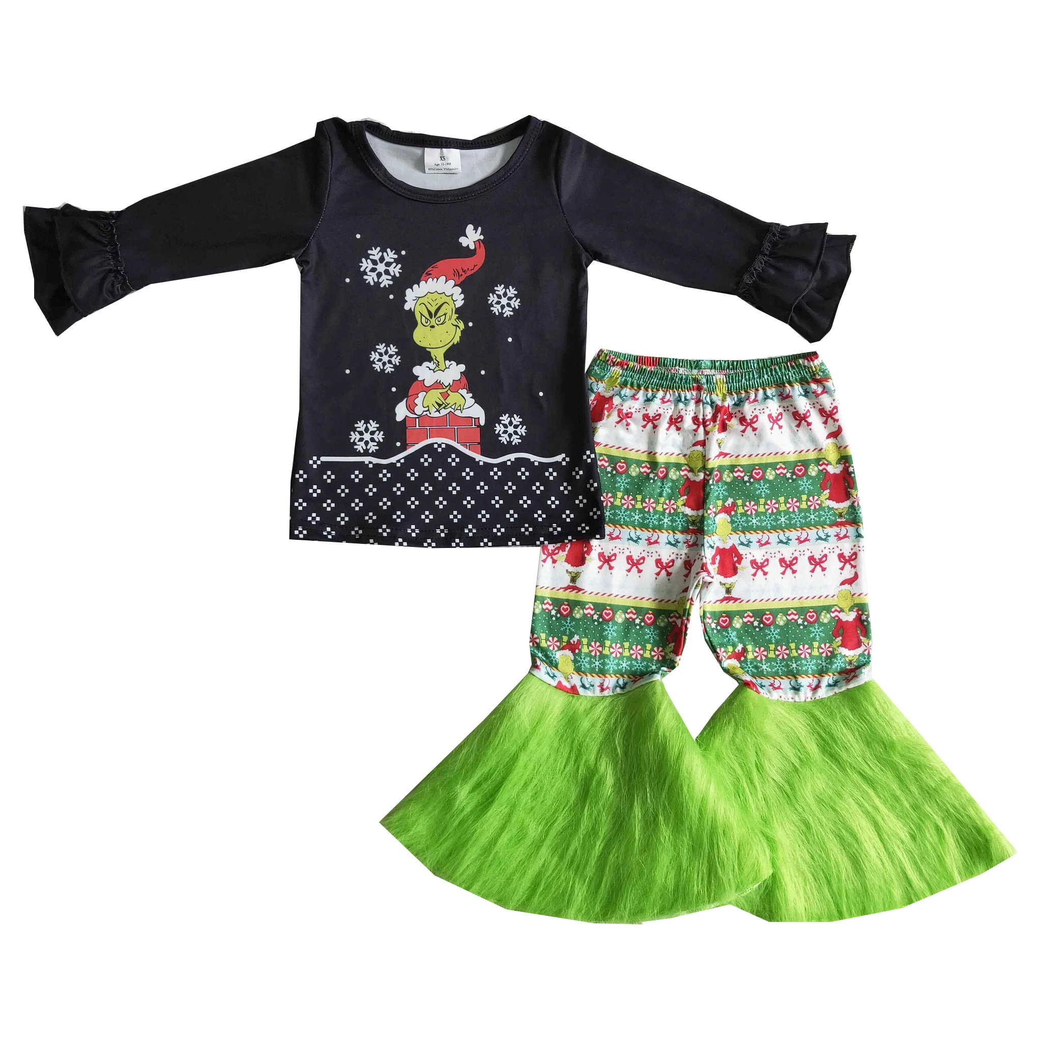 

New Ruffled Long-Sleeved Top Green Cartoon Flared Pants Girls 2-Piece Children's Christmas Suit