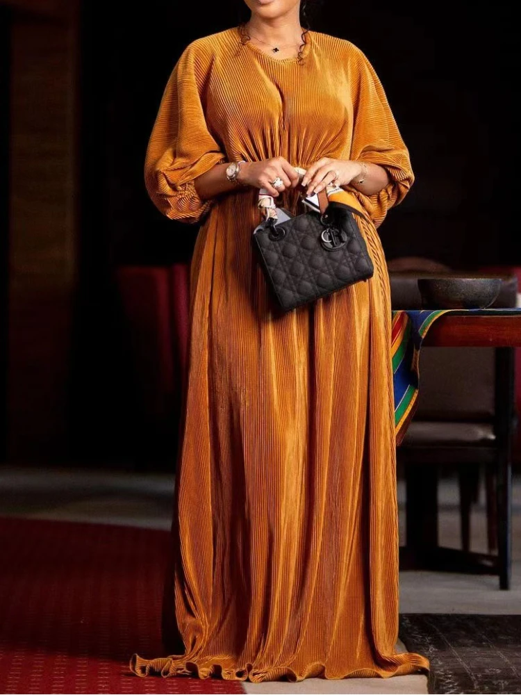 

AOMEI Women Pleated Dress Half Lantern Sleeves O Neck High Waist Maxi Long Summer Spring African Female Gown Elegant Classy 2023