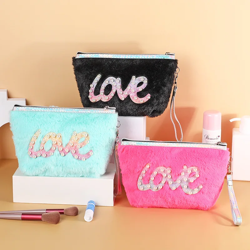 

Faux fur Bead Decoration Makeup Bag for Women Soft Fur Travel Cosmetic Bag Organizer Case Travel Make Up Case Necessaries ins