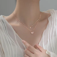 s925 silver double butterfly temperament diamond necklace simple clavicle chain silver necklace chain