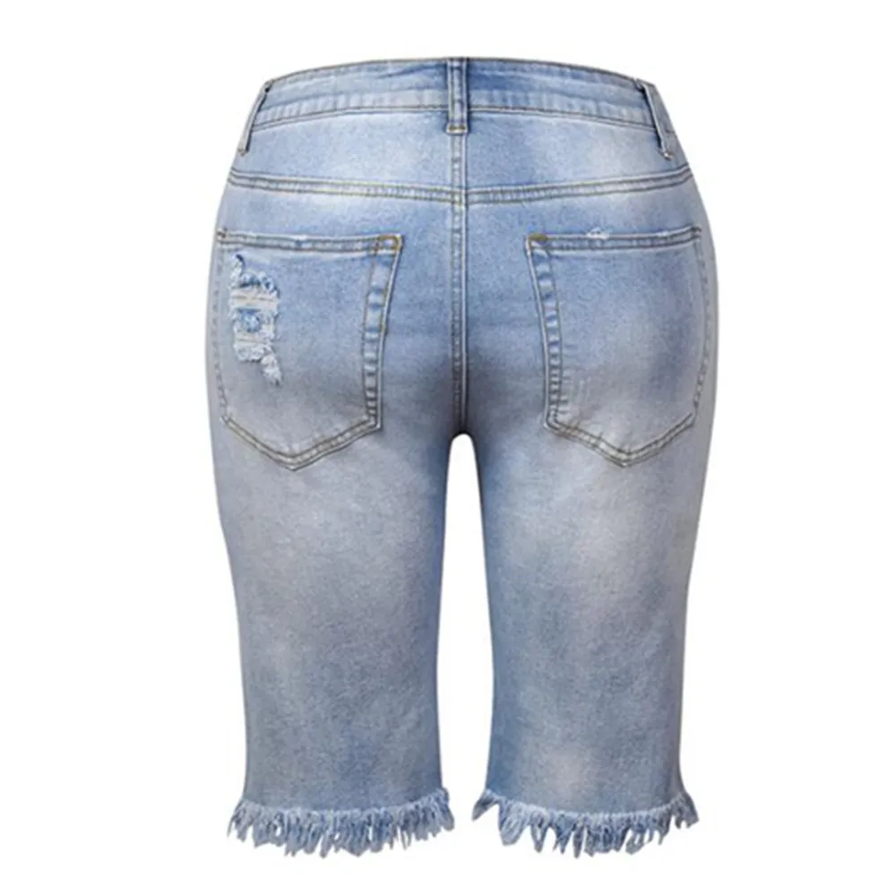Solid Knee-length Denim Shorts Women Boyfriend Casual High Waist Ripped Wide Leg Shorts Jeans Summer 2023