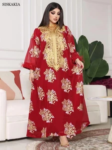 Ethnic Golden Abaya Dress Embroidery Panel Kaftan Casual Loose V-Neck Feather Long Sleeve Abaya Turkey New 2022 Summer