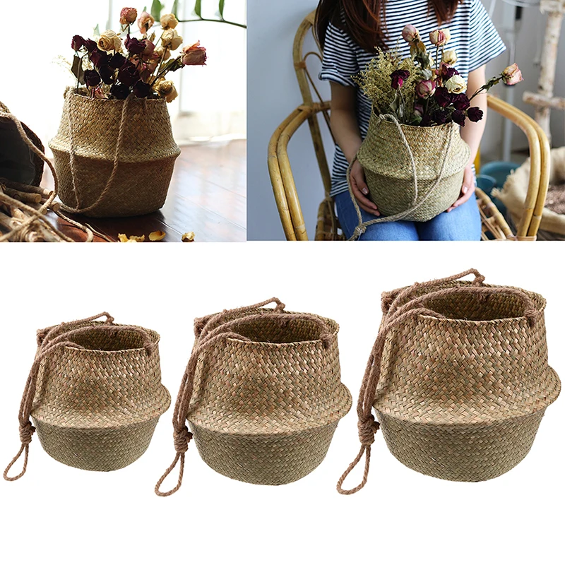 

3 шт. тканая корзина для морских водорослей, горшок для растений, корзины для хранения, детская корзина для белья, пикника, продуктов, корзина с черными полосками, органайзер для хранения