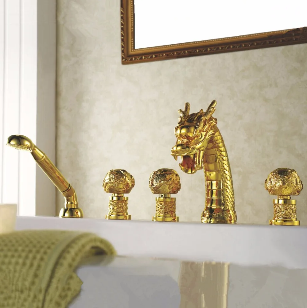 

Bathtub Faucet Brass Gold Dragon Waterfall Bathroom Sink Faucet Handheld Shower Deck Luxury Tub Widespread Mixer Tap L