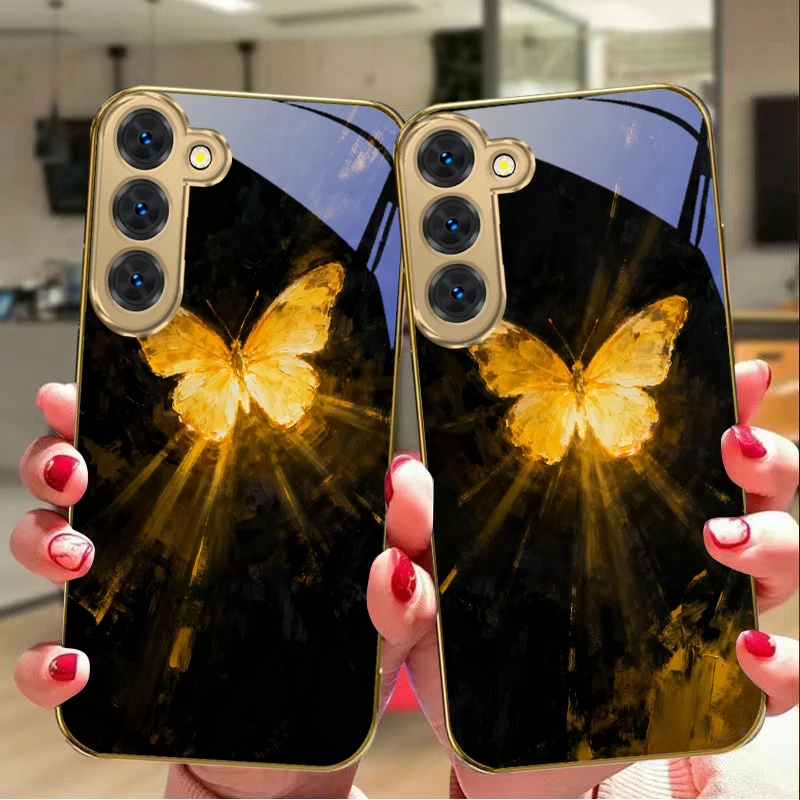 Фото Загадочный чехол-бабочка для Samsung Galaxy S26 S20 FE S21 Plus S22 S23 Plus S24 Ultra S25 S21+ S9, золотой, стеклянный №2