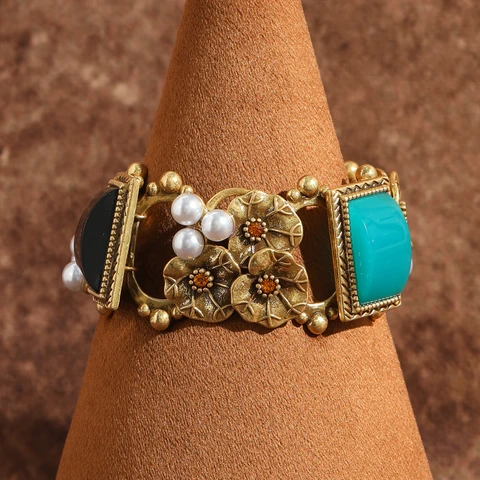 Винтажный браслет с камнями, женский жемчуг, квадратный, синий, черный, цвет античного золота, лист лотоса, роскошные дизайнерские аксессуары, ювелирные изделия 2025 г.