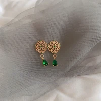 exquisite retro lace pattern stud earring french court style green zircon earring for women dinner birthday party jewelry