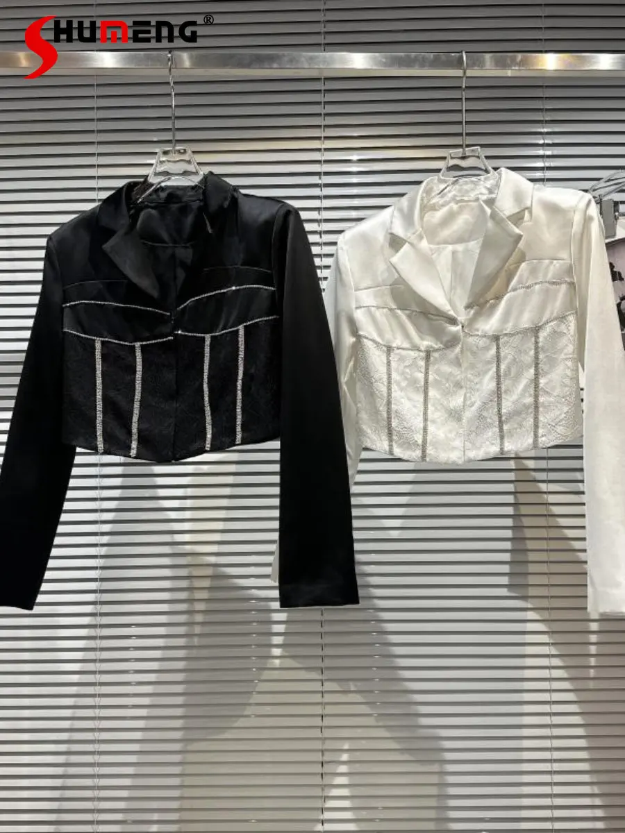 

Elegant Ladies Lace Crocheted Rhinestone White Suit Coat for Women 2023 Spring New Elegant Lapel Long Sleeve Black Blazer Jacket