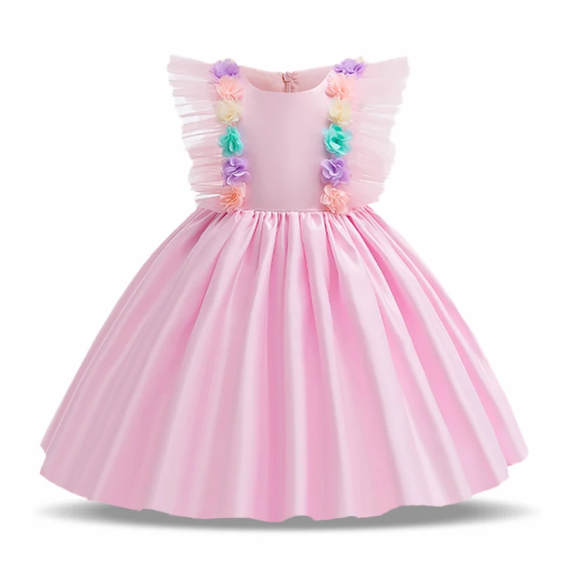 

Flowers Princess Girl Dress Wedding Birthday Party For Children Costume Pink Bow Prom Ball Gown Elegant Kids Clothes Vestidos
