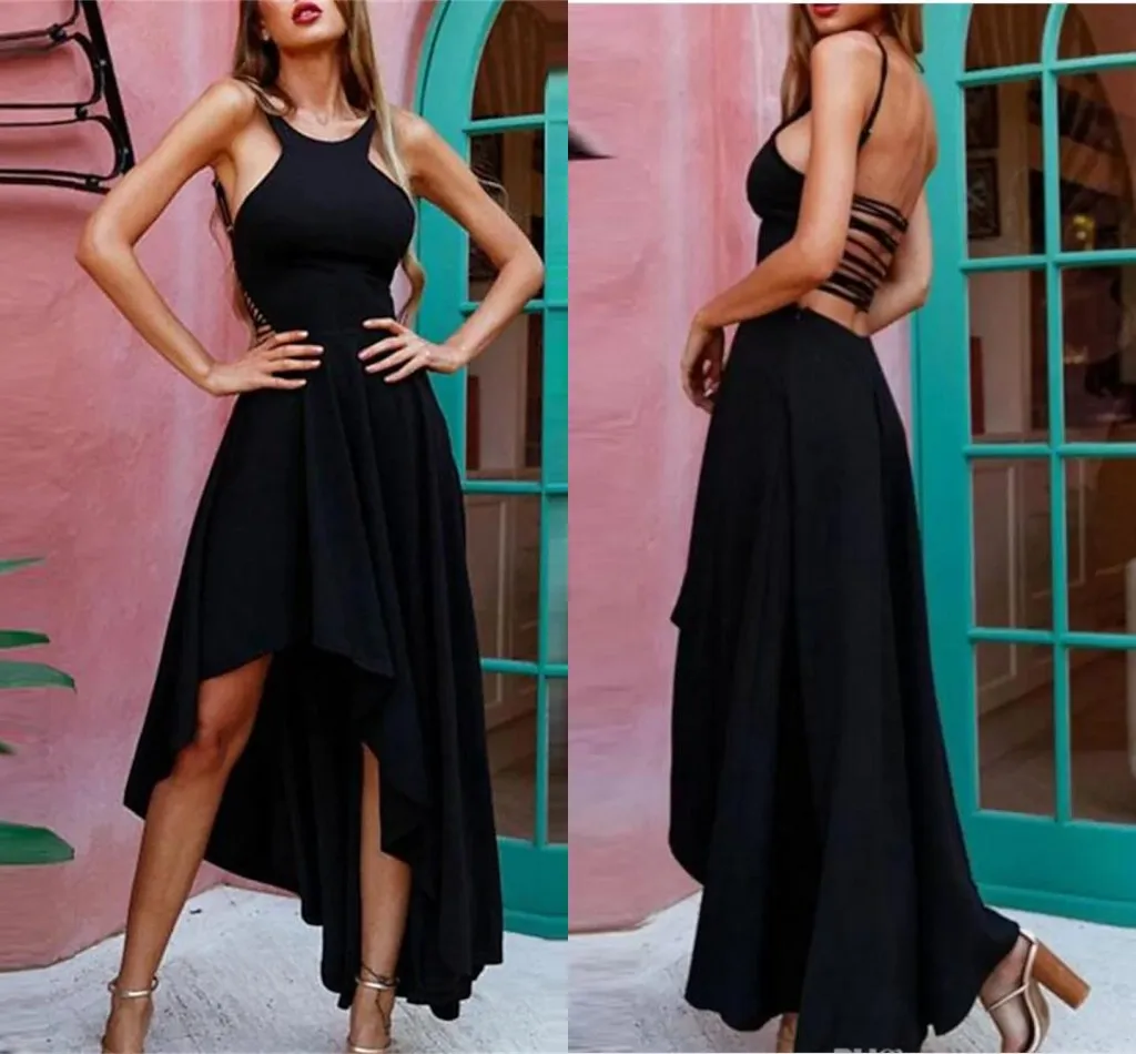

Black Little Sexy A-Line Prom Dresses Cocktail Dress Halter Neck Hi-lo Chiffon with Pleats Formal Evening Party Graduation Wear