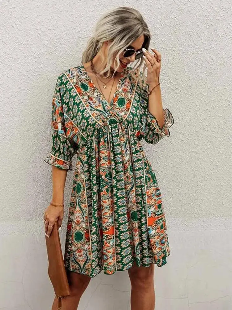 

Fashion Mini Dress Women V-Neck Short Sleeve Casual High Waist Sexy Bohemian Print Casual Loose Beach Dress Beachwear Vestidos