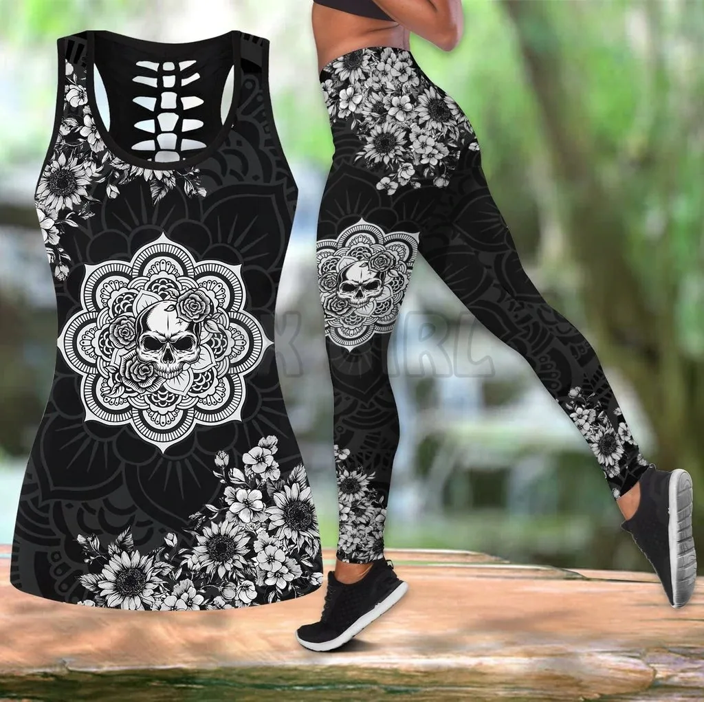 Skull Mandala 3D Printed Tank Top+Legging Combo Outfit Yoga Fitness Legging Women