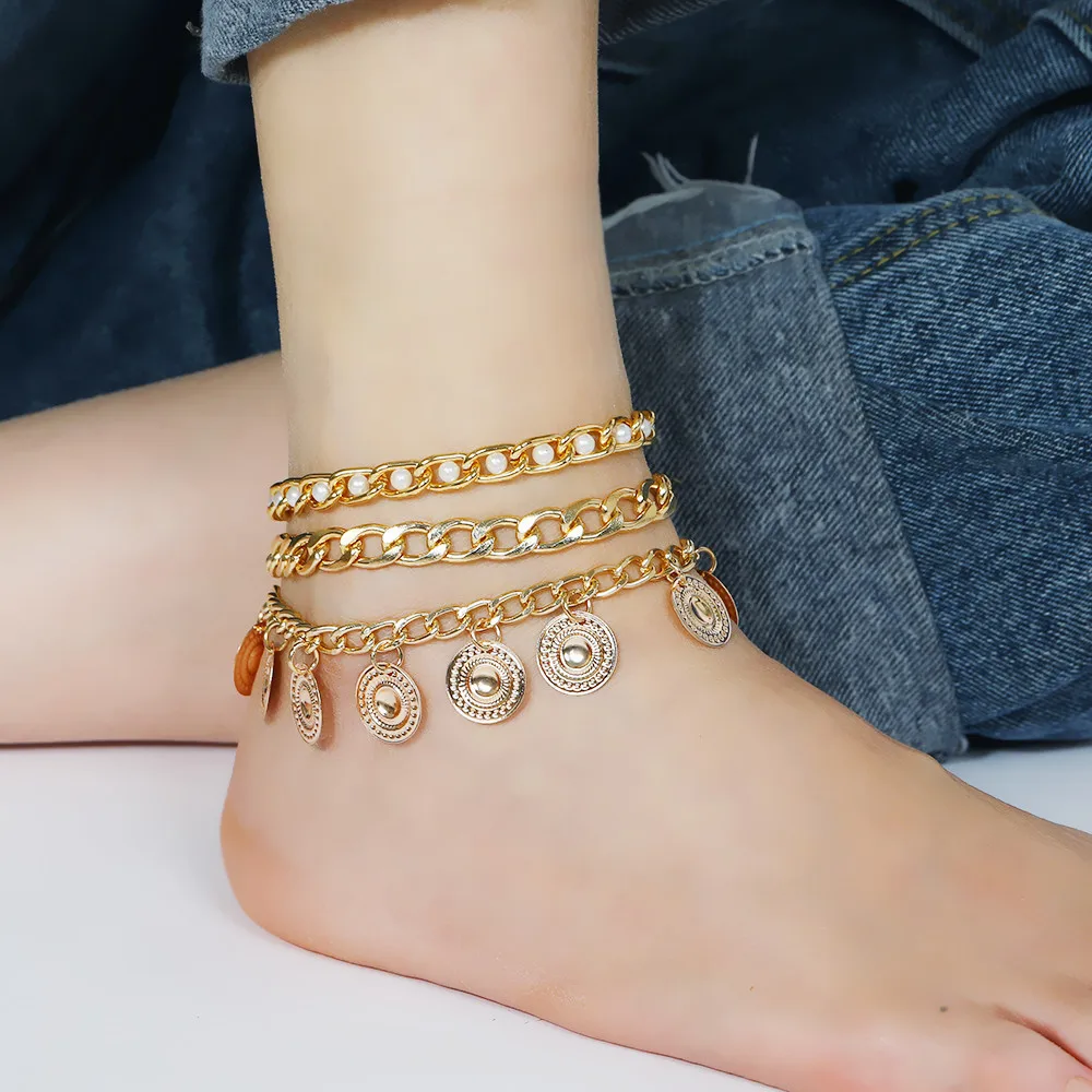 

New 2022 Summer Beach Anklet Simple Gold Plated Coin Fringed Anklet