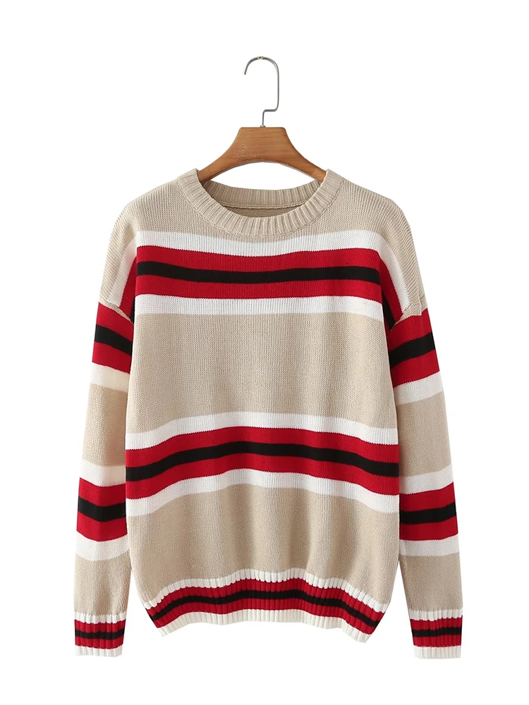 

Женский свитер с длинным рукавом, Свободный Повседневный пуловер контрастных цветов с круглым вырезом, винтажный джемпер на осень