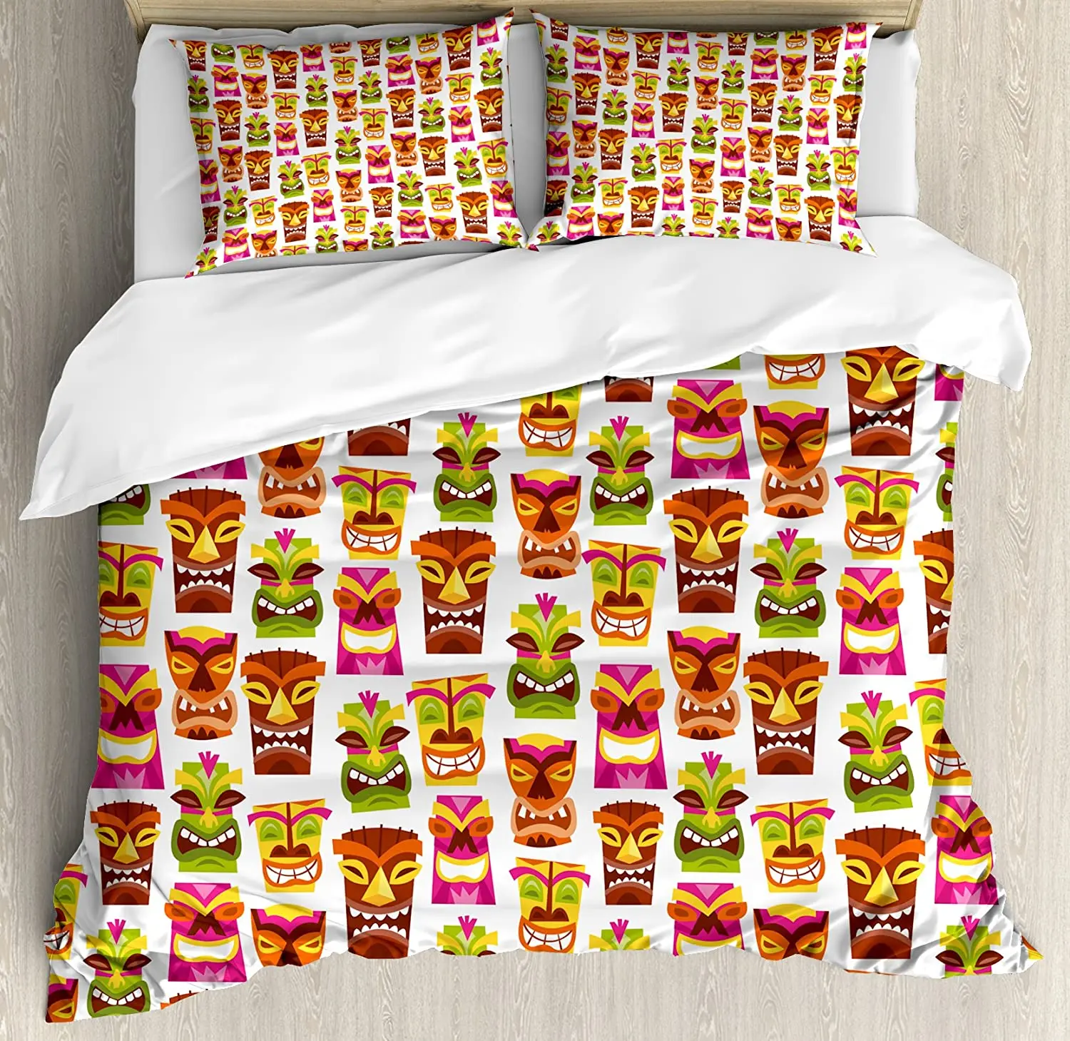 

Tiki Bar Decor Bedding Set Comforter Duvet Cover Pillow Shams 60's Retro Inspired Cute Hawaiian Par Bedding Cover Double Bed Set