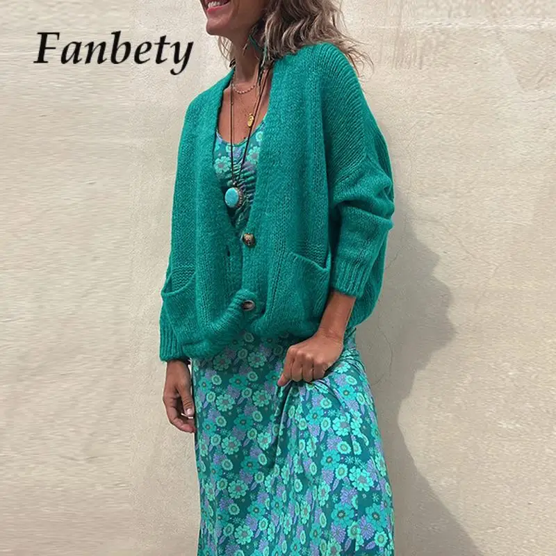 

Women Button Knitted Long Sleeve Pullover 2023 Autumn Female Bright Color Loose Sweater Vintage Boho Crochet Cardigans Sweaters