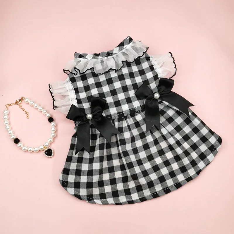 Pet Clothes Spring Summer Puppy Kitten Black White Grid Skirt Small and Medium-sized Dog Necklace Princess Skirt Poodle Maltese