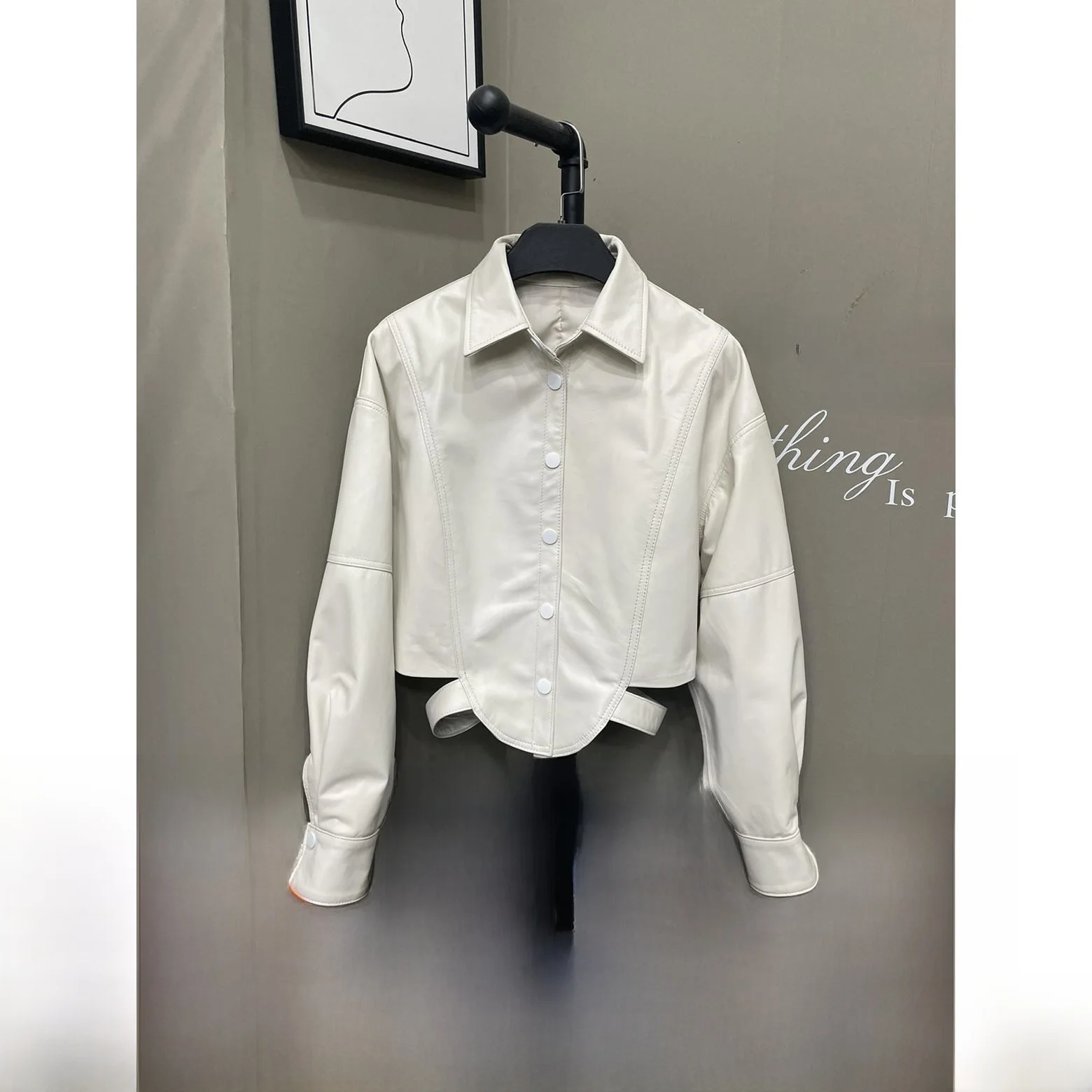 Vivi Same Sle Square Collar Genuine Leather Coat Women Short Elegant Simple Single-Breasted Small Sheepskin Jacket