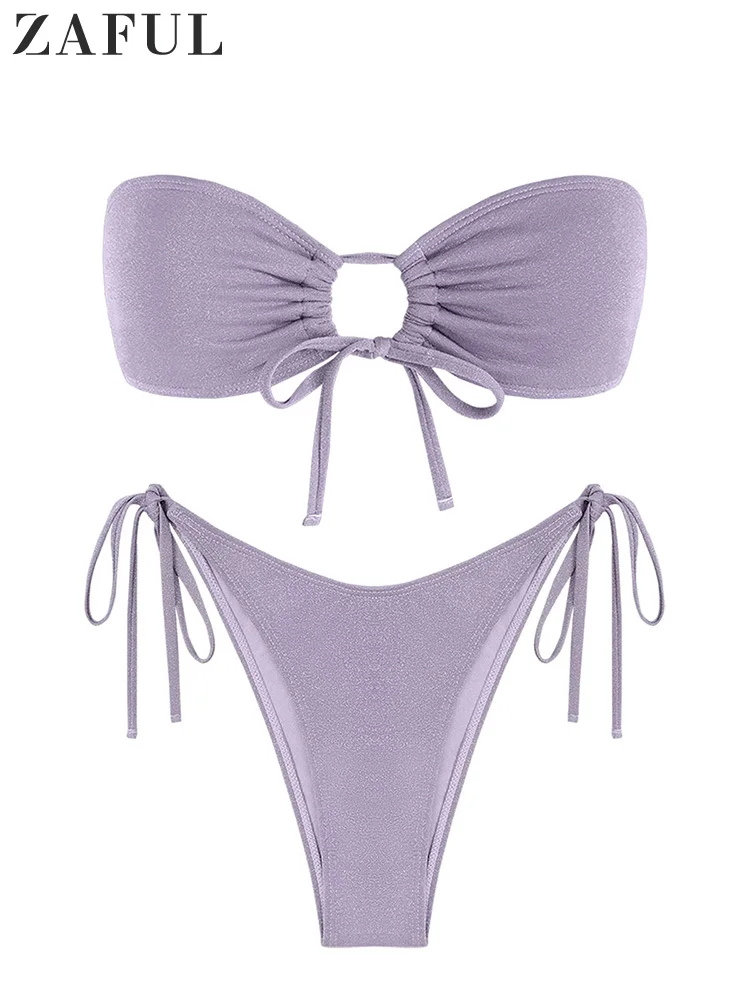 

ZAFUL Women Sexy Bandeau Swimsuit Bikini Set Off Shoulder O Ring Front Tie Strapless Top And Tie Side Bottom Solid Swimwear Cute