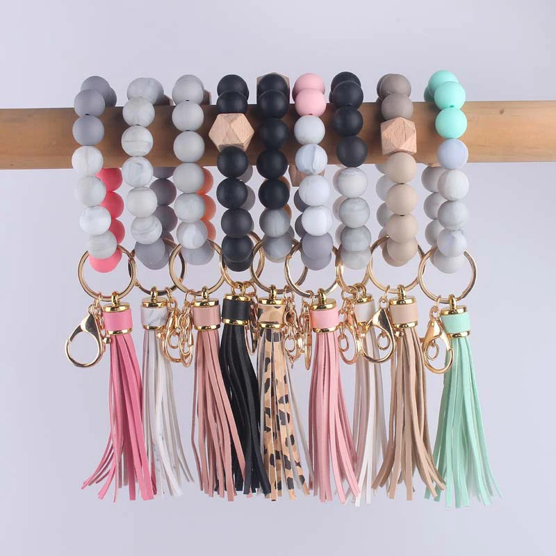 

Silicone Keychain For Keys Tassel Wooden Beads Wrist Keyrings Bracelet Fashion Anti-lost Useful Keychains DIY Beads Wholesale