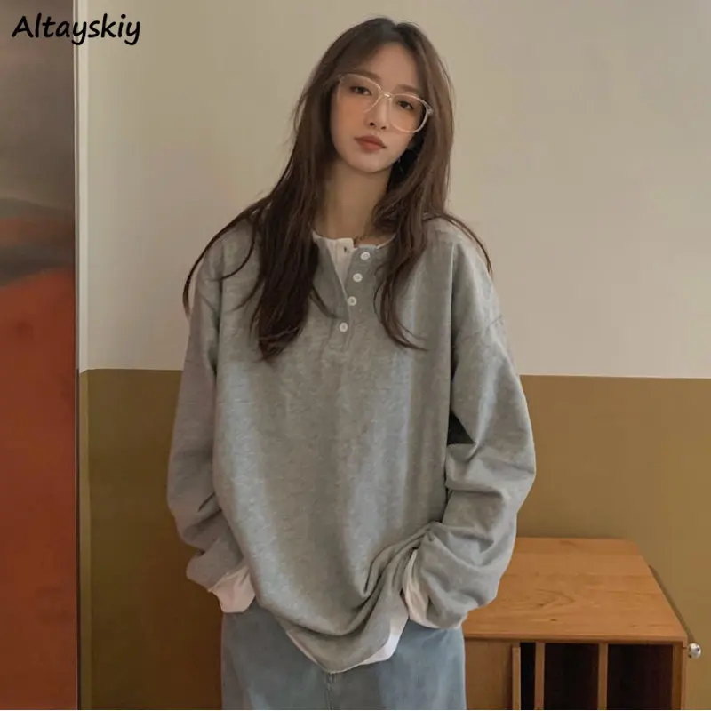 

Шикарные футболки в Корейском стиле, Женские Простые мешковатые футболки с имитацией двух частей в стиле пэчворк, подходящие ко всему для м...