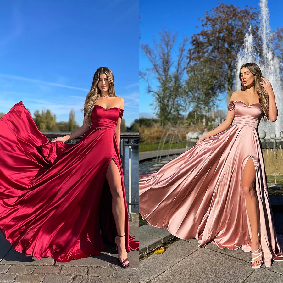 

2022 Woman Elegant Satin Prom Dress Sexy Strapless Sleeveless Backless High Split Vintage Fashion Evening Cocktail Dresses
