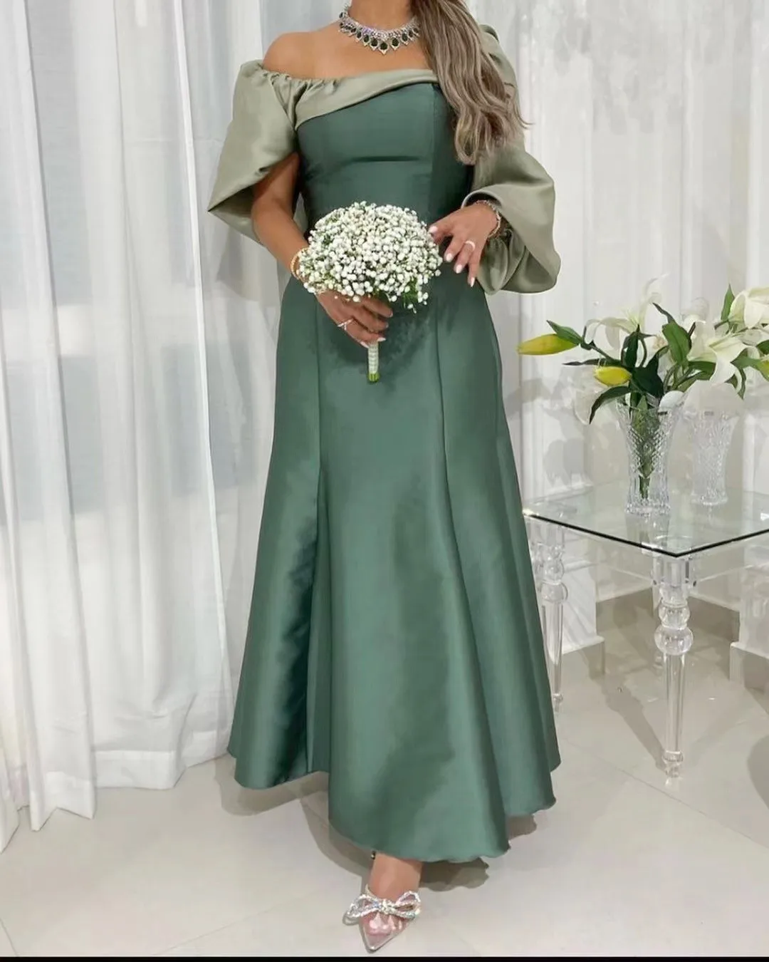

Женское атласное платье с оборками Merida, зеленое платье в стиле Саудовской Аравии с одним открытым плечом, а-силуэт, длиной до щиколотки, 2023