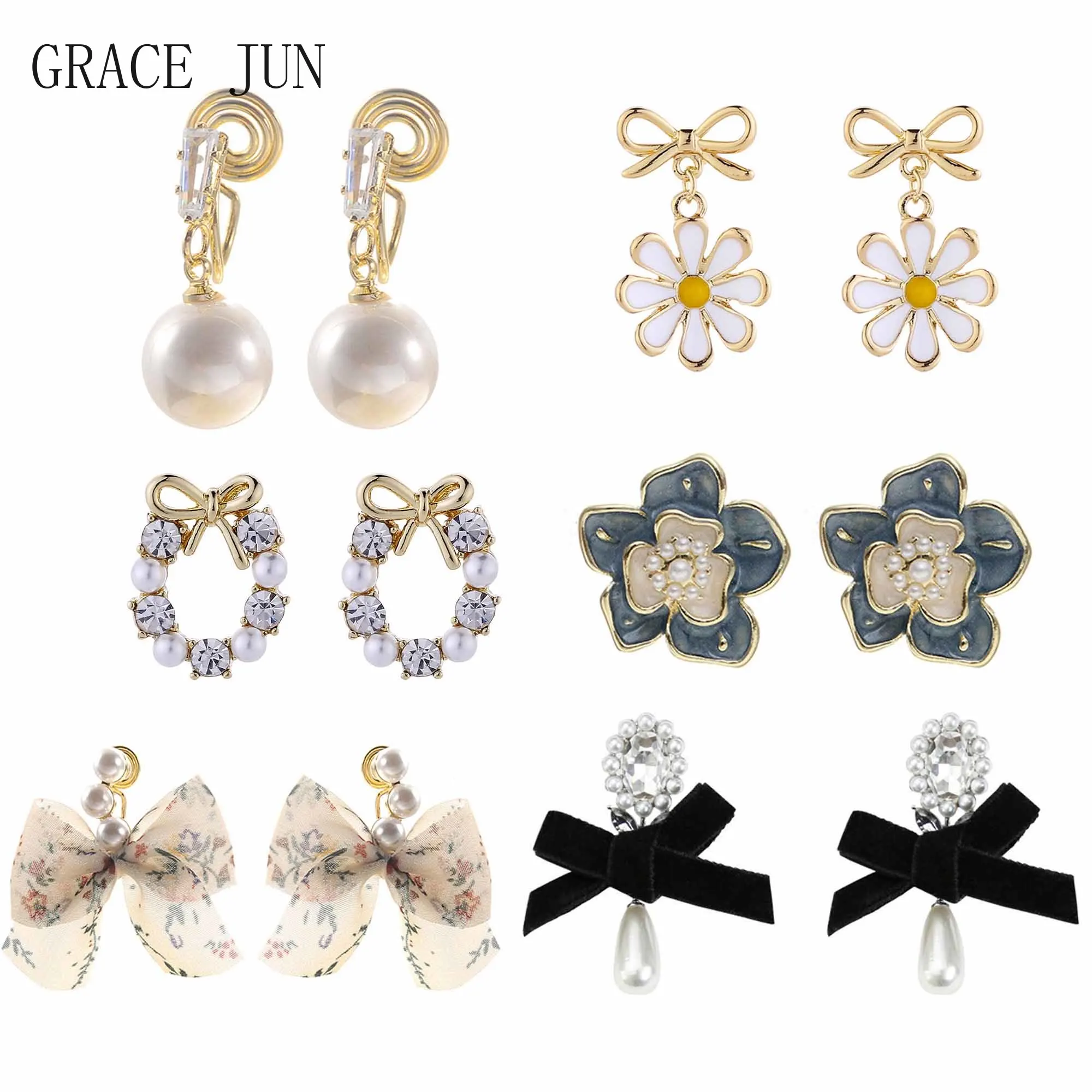 Женские серьги-клипсы GRACE JUN, золотистые серьги-кольца на спирали с бантом, цветком, сердцем, не проколотые серьги