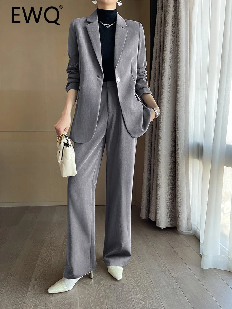 

EWQ Fashion Office Lady 2 Piece Set For Women Solid Loose Long Sleeve Blazers High Waist Wide Leg Pants 2023 Autumn New 26D4759