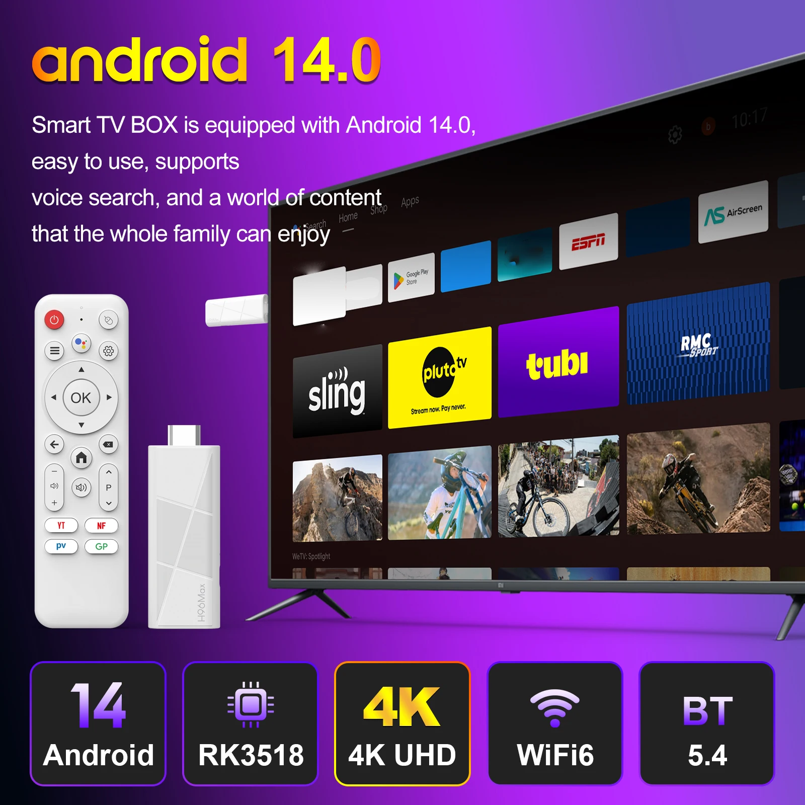 Фото H96 MAX RK3518 Android14 Smart mini TV stick Wifi6 BT5.4 4K HD 3D Четырехъядерный Ethernet Google Voice Assistant Медиаплеер ТВ-приставка №4