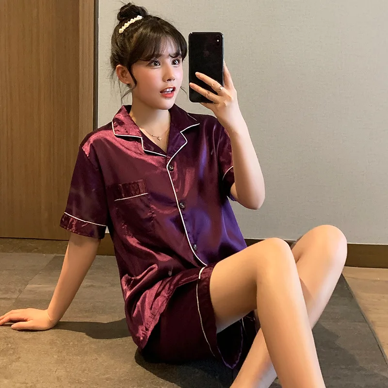 1 Women's ice thin summer short-sleeved pajamas, students' large cute home clothes, two-piece suit, spring and autumn, summer