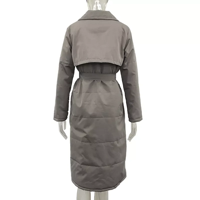 Long Turn Down Collar Parkas Women Fashion Double Breasted Coats Women Elegant Tie Belt Cotton Jackets Female Ladies